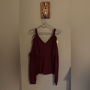 La Hearts burgundy, tie up Shoulder Sweater